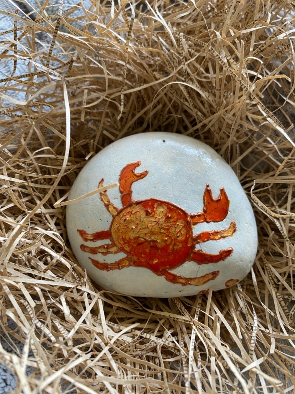 Hand Crafted Orange and Gold Crab Rock Art